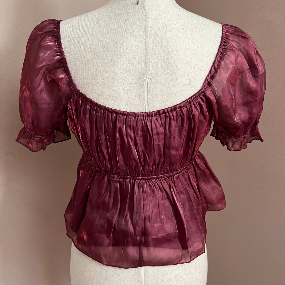 Thirty Thirty Metallic Organza Babydoll Top Puff Sleeve Burgundy Size Small - Picture 5 of 10